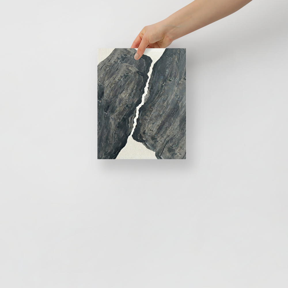 'Fractured Slate' — a Abstract art,Minimalism print. A textured abstract painting featuring two dark grey impasto shapes separated by a jagged white rift, perfect for a modern bedroom or office.
