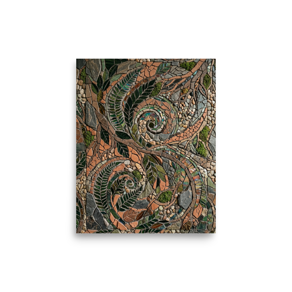 'Fossilized Ferns' — a Environmental art,Folk Art print. A highly textured pebble and stone mosaic depicting swirling fern spirals, perfect for a Sunroom.