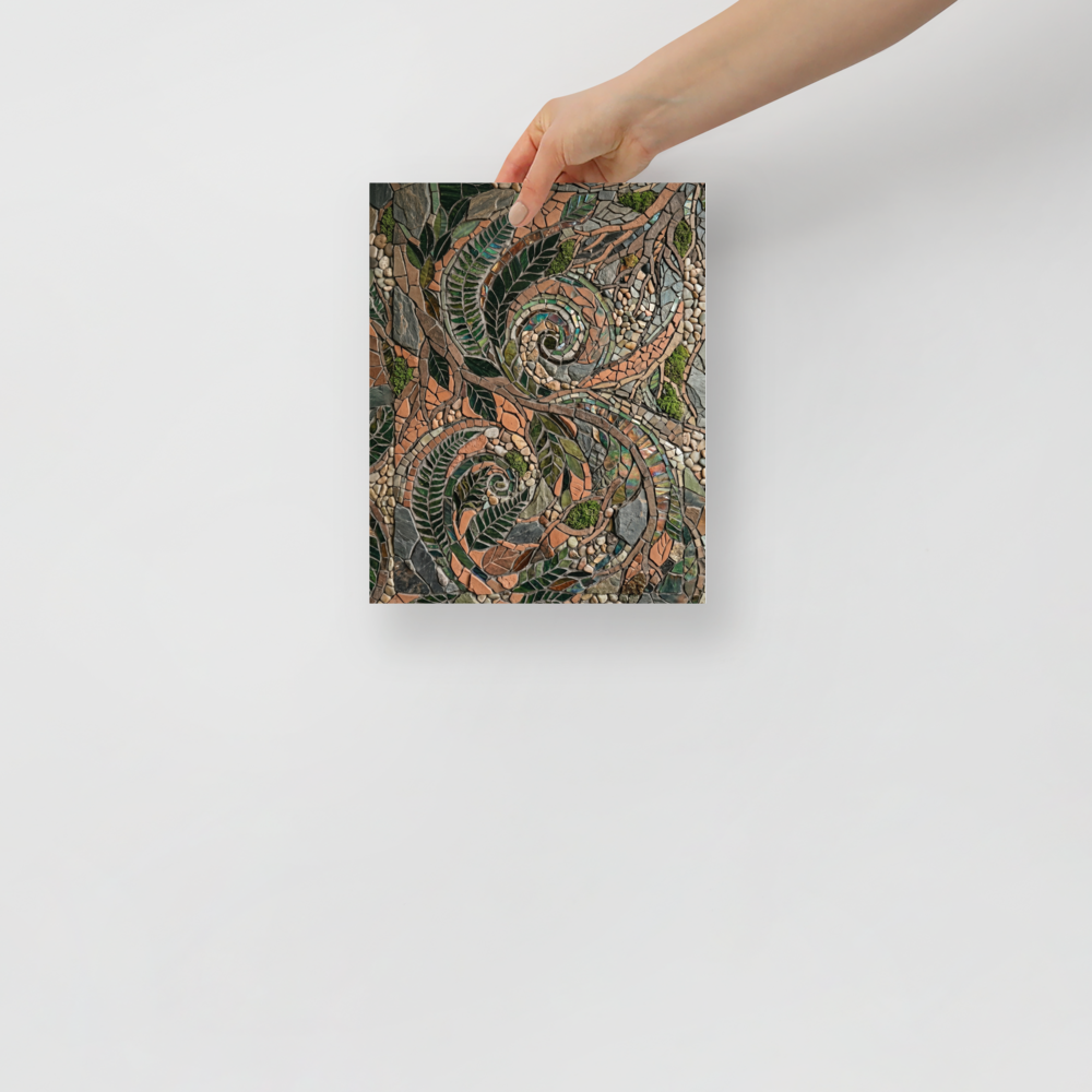 'Fossilized Ferns' — a Environmental art,Folk Art print. A highly textured pebble and stone mosaic depicting swirling fern spirals, perfect for a Sunroom.