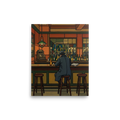 'Solitude at the Bar' — a Cloisonnism print. A moody Cloisonnism painting of a solitary man at a vintage bar reading a newspaper, ideal for a stylish home bar.