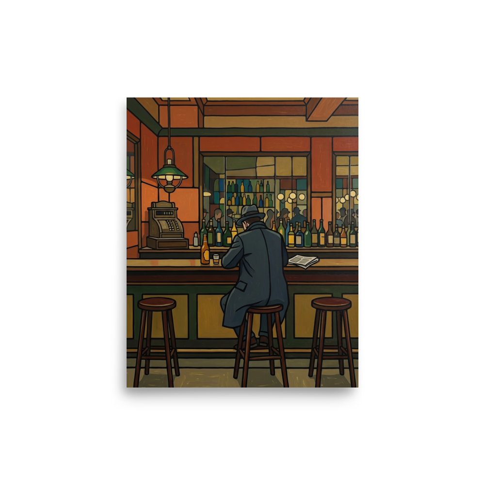 'Solitude at the Bar' — a Cloisonnism print. A moody Cloisonnism painting of a solitary man at a vintage bar reading a newspaper, ideal for a stylish home bar.
