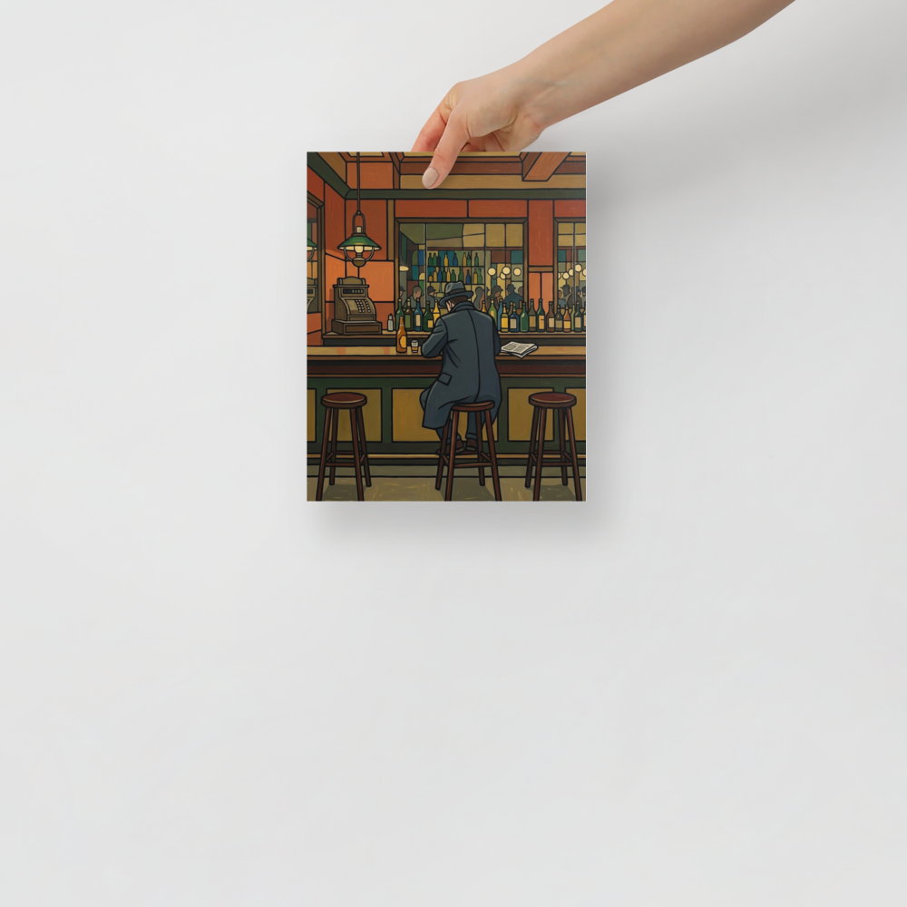 'Solitude at the Bar' — a Cloisonnism print. A moody Cloisonnism painting of a solitary man at a vintage bar reading a newspaper, ideal for a stylish home bar.