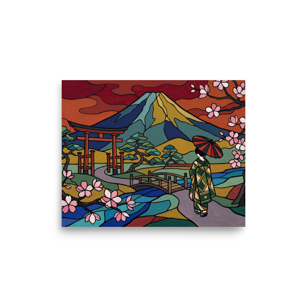 'Spring at Mount Fuji' — a Cloisonnism print. A colorful Cloisonnism painting of a woman walking toward Mount Fuji under cherry blossoms, perfect for adding energy to a living room.