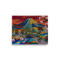 'Spring at Mount Fuji' — a Cloisonnism print. A colorful Cloisonnism painting of a woman walking toward Mount Fuji under cherry blossoms, perfect for adding energy to a living room.