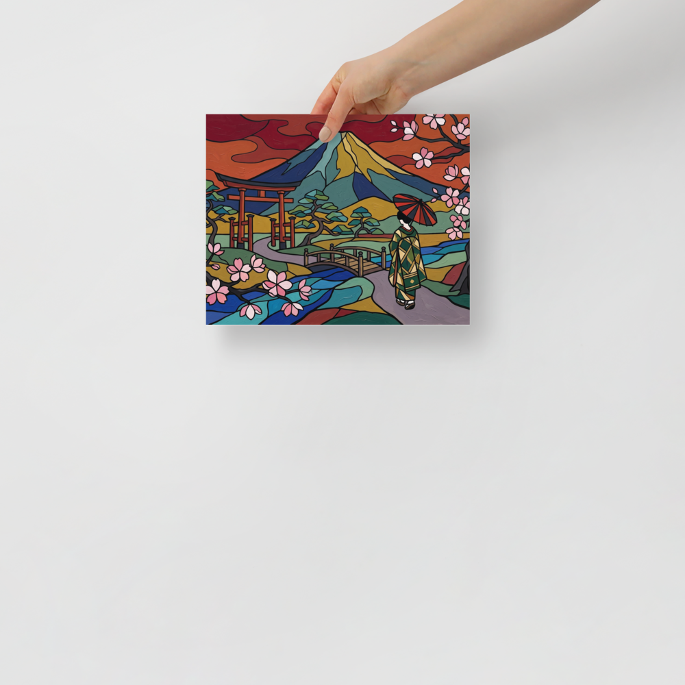 'Spring at Mount Fuji' — a Cloisonnism print. A colorful Cloisonnism painting of a woman walking toward Mount Fuji under cherry blossoms, perfect for adding energy to a living room.