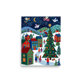'Starry Night Angels' — a Naive art print. A magical Naive Art depiction of angels flying over a vibrant winter village with colorful houses and a large Christmas tree, lovely for a cozy Bedroom.
