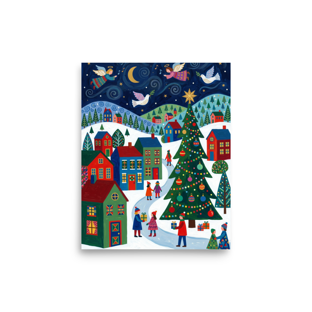 'Starry Night Angels' — a Naive art print. A magical Naive Art depiction of angels flying over a vibrant winter village with colorful houses and a large Christmas tree, lovely for a cozy Bedroom.