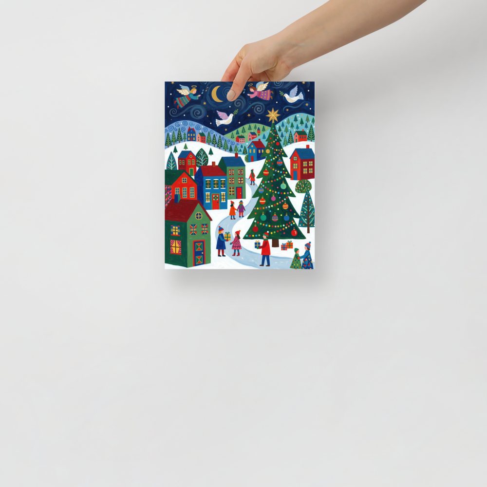 'Starry Night Angels' — a Naive art print. A magical Naive Art depiction of angels flying over a vibrant winter village with colorful houses and a large Christmas tree, lovely for a cozy Bedroom.