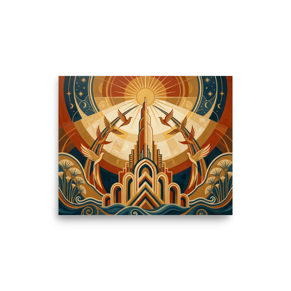 'Deco Sunrise Flight' — a Art Deco print. An Art Deco illustration featuring a central golden tower, stylized waves, and birds flying towards a radiant sunburst, ideal for a bright living room.
