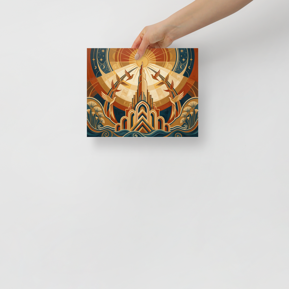 'Deco Sunrise Flight' — a Art Deco print. An Art Deco illustration featuring a central golden tower, stylized waves, and birds flying towards a radiant sunburst, ideal for a bright living room.