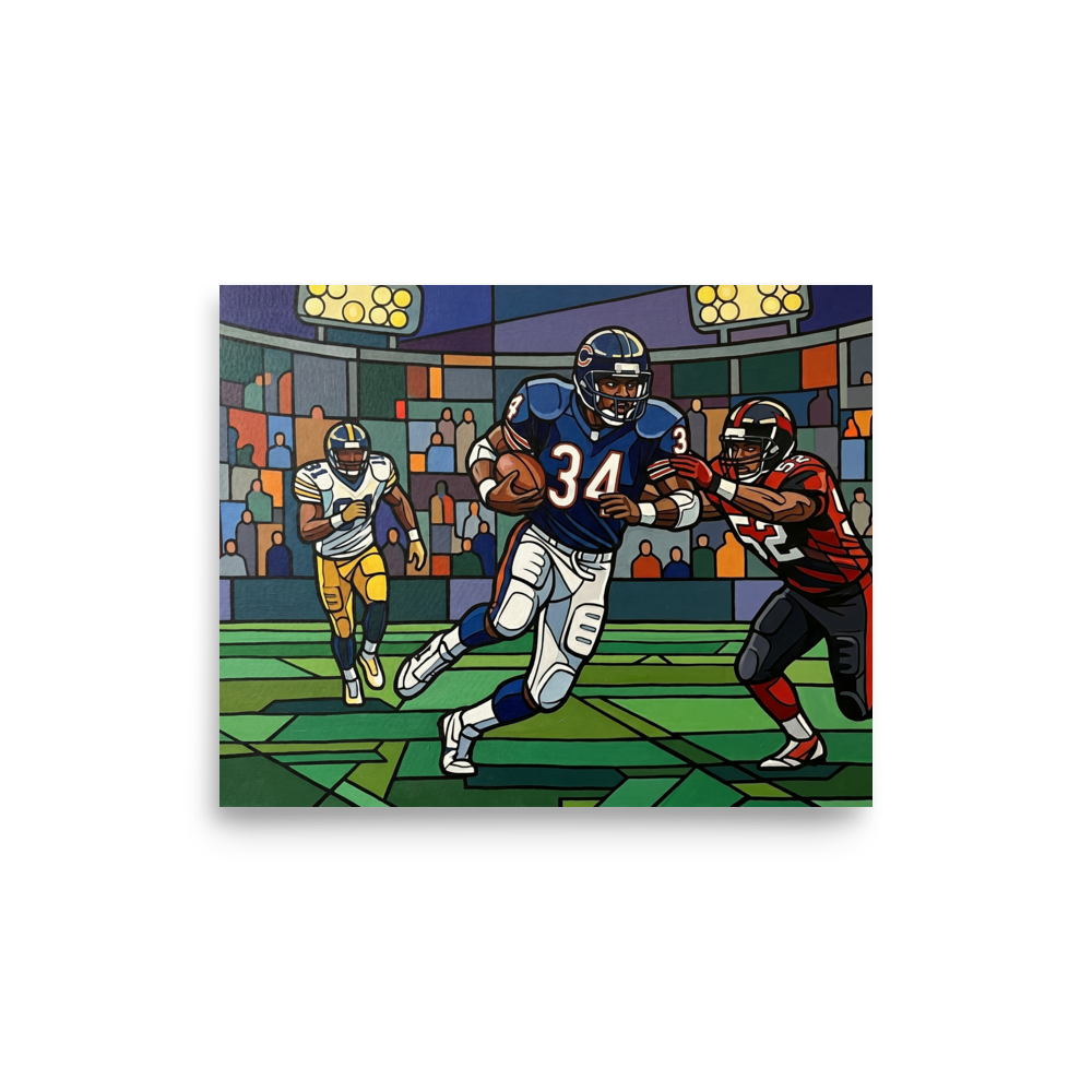 'The Breakaway Run' — a Cloisonnism print. A dynamic Cloisonnism painting of a football player breaking a tackle under stadium lights, ideal for an energetic game room.