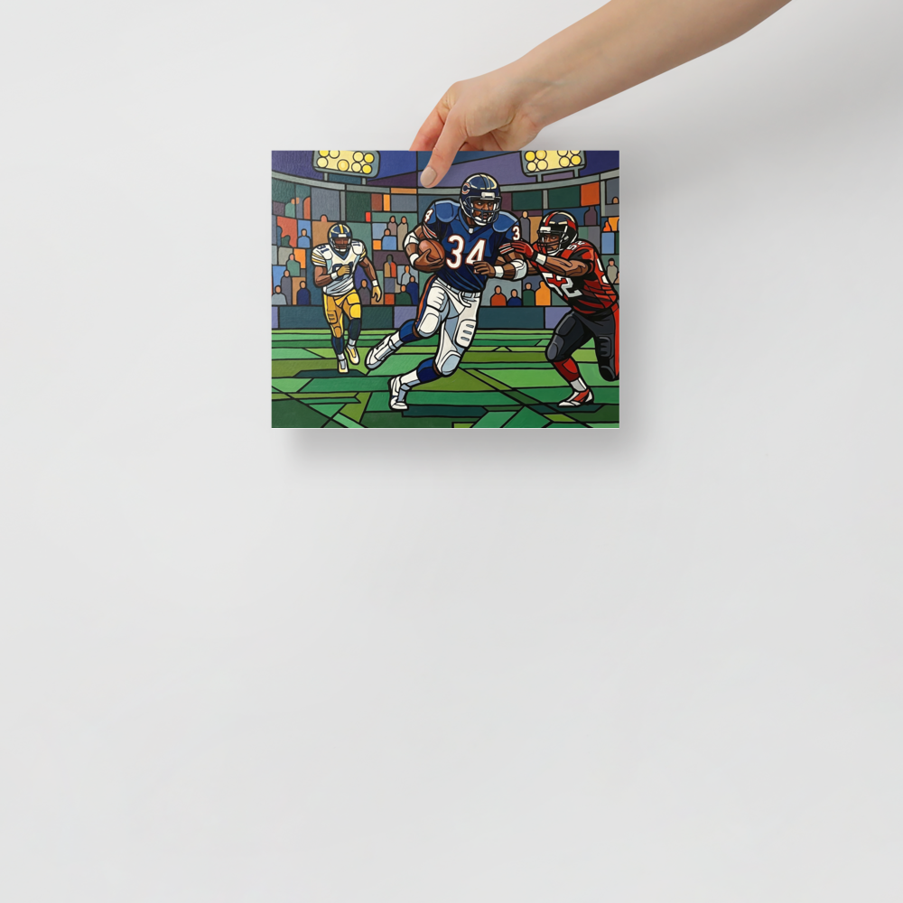 'The Breakaway Run' — a Cloisonnism print. A dynamic Cloisonnism painting of a football player breaking a tackle under stadium lights, ideal for an energetic game room.