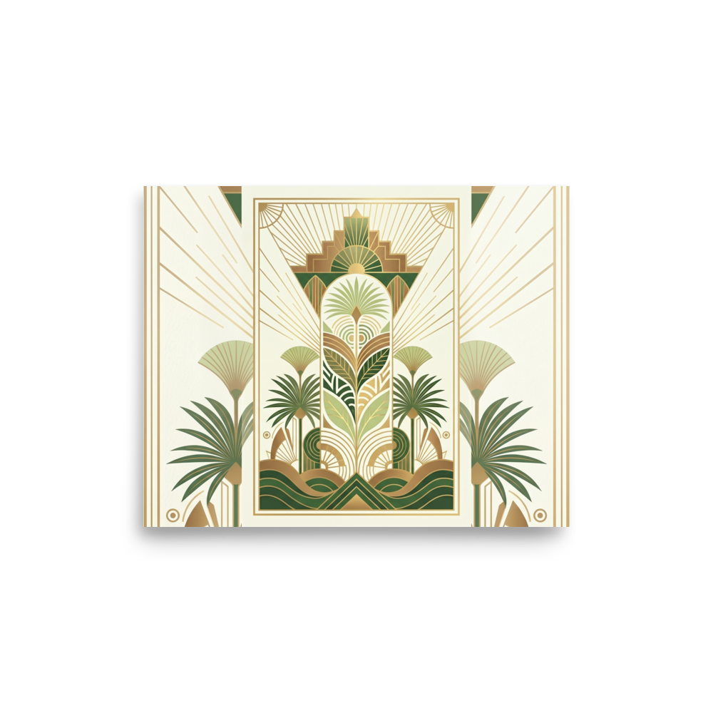 'Golden Palm Deco' — a Art Deco print. A symmetrical Art Deco botanical design with green and gold stylized palm leaves, perfect for an elegant entryway.