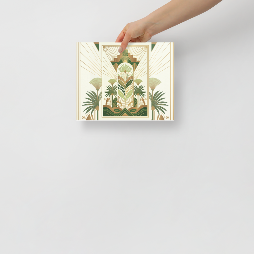 'Golden Palm Deco' — a Art Deco print. A symmetrical Art Deco botanical design with green and gold stylized palm leaves, perfect for an elegant entryway.