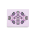 'Lavender Deco Symmetry' — a Art Deco print. A symmetrical pastel Art Deco design featuring stylized geometric fan and fountain shapes in purple and green, ideal for a serene bedroom.