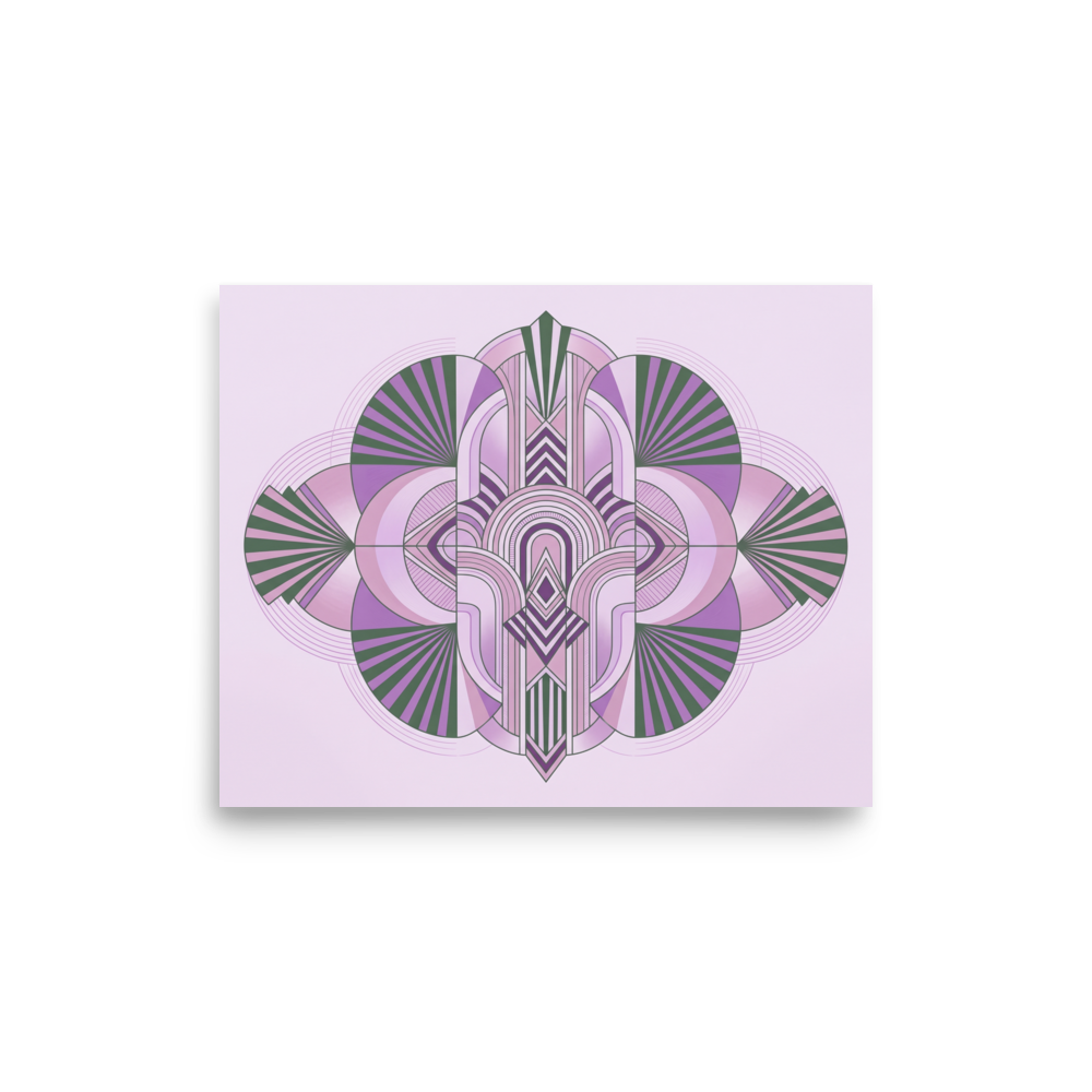'Lavender Deco Symmetry' — a Art Deco print. A symmetrical pastel Art Deco design featuring stylized geometric fan and fountain shapes in purple and green, ideal for a serene bedroom.