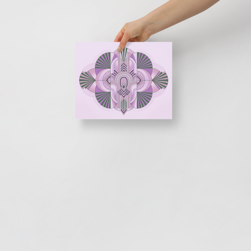 'Lavender Deco Symmetry' — a Art Deco print. A symmetrical pastel Art Deco design featuring stylized geometric fan and fountain shapes in purple and green, ideal for a serene bedroom.
