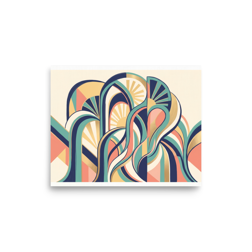 'Dynamic Deco Arches' — a Art Deco print. An abstract Art Deco illustration with swirling geometric ribbons, arches, and sunbursts in navy, teal, and coral, perfect for a lively living room.