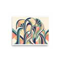 'Dynamic Deco Arches' — a Art Deco print. An abstract Art Deco illustration with swirling geometric ribbons, arches, and sunbursts in navy, teal, and coral, perfect for a lively living room.