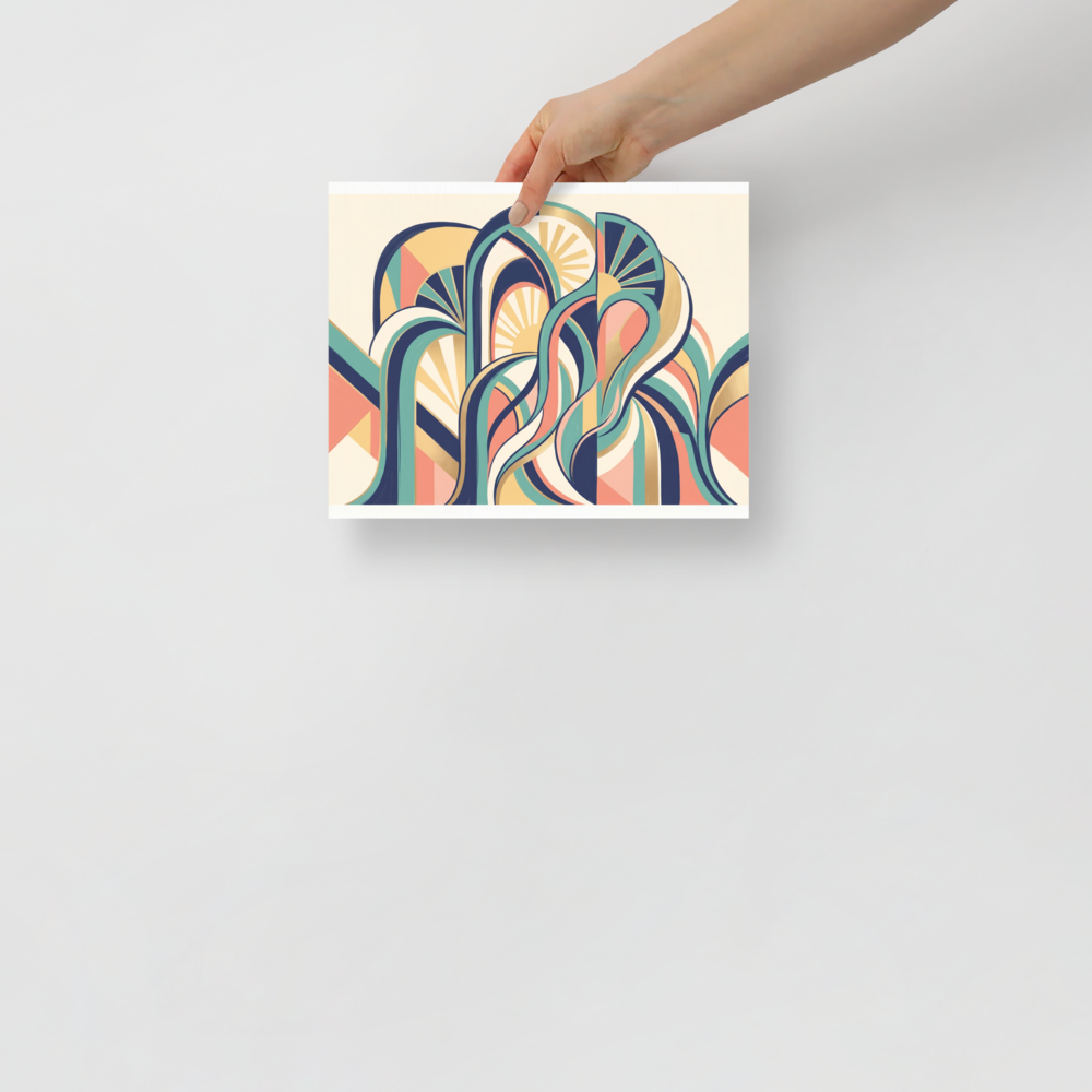 'Dynamic Deco Arches' — a Art Deco print. An abstract Art Deco illustration with swirling geometric ribbons, arches, and sunbursts in navy, teal, and coral, perfect for a lively living room.