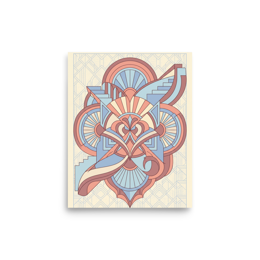 'Deco Architect's Emblem' — a Art Deco print. An intricate Art Deco emblem featuring overlapping geometric shapes, stairs, and fan motifs in peach and light blue, ideal for a refined office.