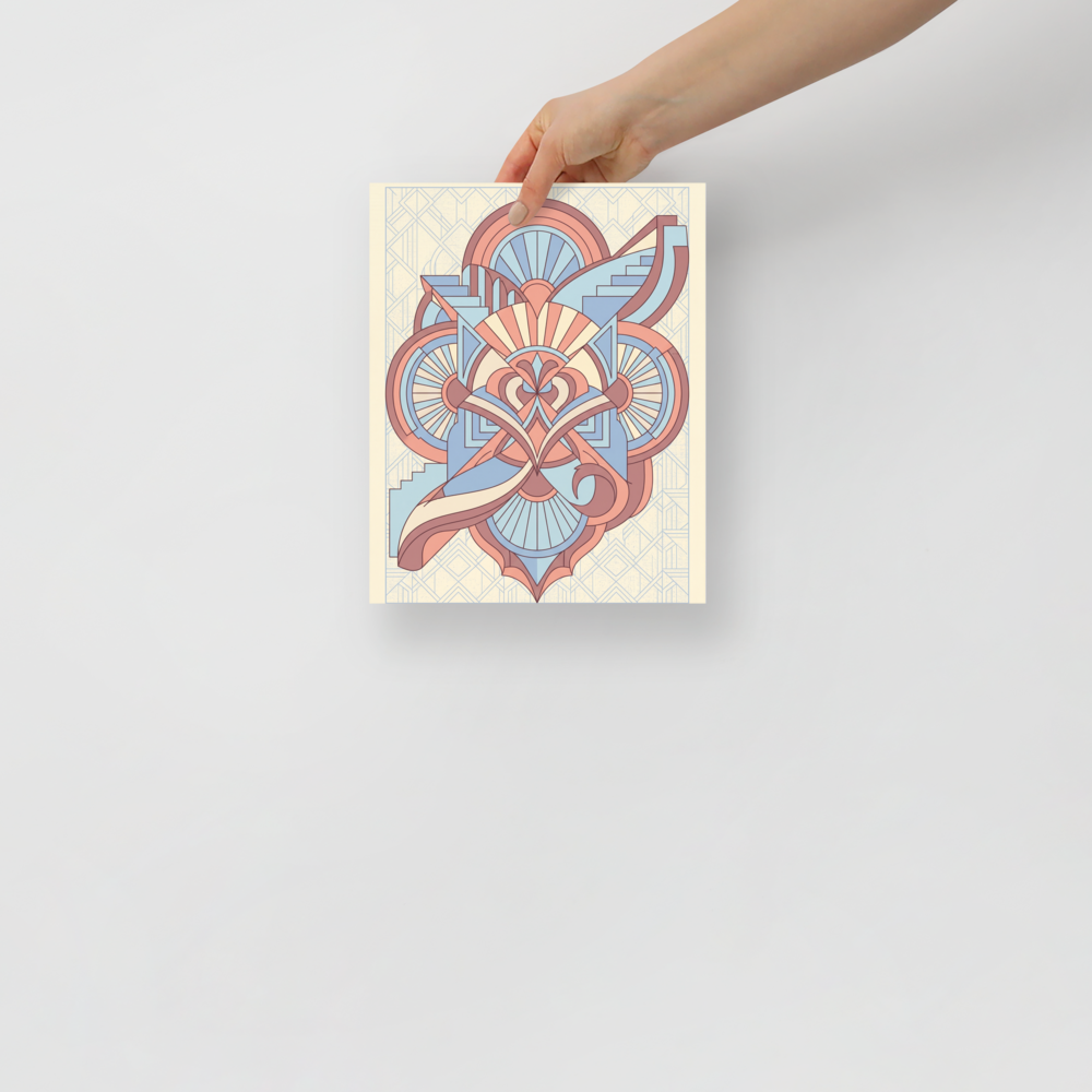 'Deco Architect's Emblem' — a Art Deco print. An intricate Art Deco emblem featuring overlapping geometric shapes, stairs, and fan motifs in peach and light blue, ideal for a refined office.