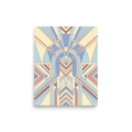 'Pastel Deco Portal' — a Art Deco print. An architectural Art Deco illustration featuring a symmetrical archway and geometric patterns in light blue, plum, and pale yellow, perfect for an elegant hallway.