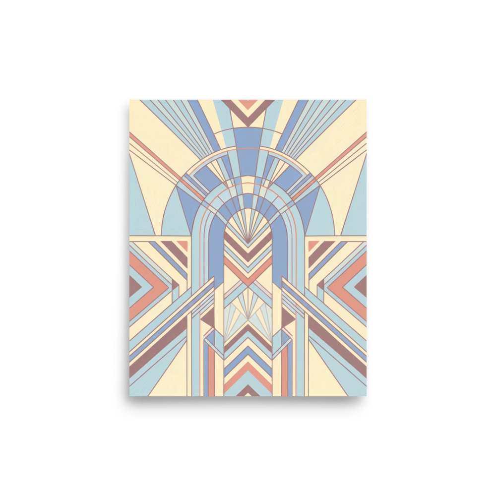 'Pastel Deco Portal' — a Art Deco print. An architectural Art Deco illustration featuring a symmetrical archway and geometric patterns in light blue, plum, and pale yellow, perfect for an elegant hallway.