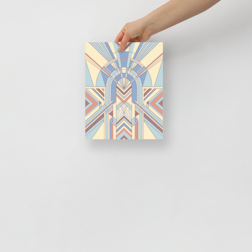 'Pastel Deco Portal' — a Art Deco print. An architectural Art Deco illustration featuring a symmetrical archway and geometric patterns in light blue, plum, and pale yellow, perfect for an elegant hallway.