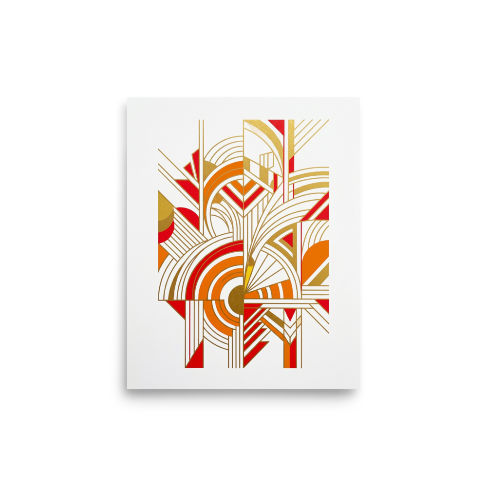 'Radiant Deco Abstract' — a Art Deco print. A vibrant abstract Art Deco composition featuring bold geometric shapes and fan motifs in red, orange, and gold against a white background.