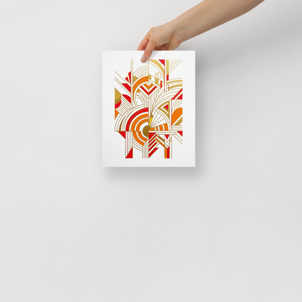 'Radiant Deco Abstract' — a Art Deco print. A vibrant abstract Art Deco composition featuring bold geometric shapes and fan motifs in red, orange, and gold against a white background.