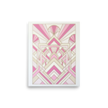 'Rose Deco Radiance' — a Art Deco print. A delicate Art Deco geometric design featuring symmetrical patterns and sunbursts in soft pink and creamy white tones, ideal for a serene bedroom.
