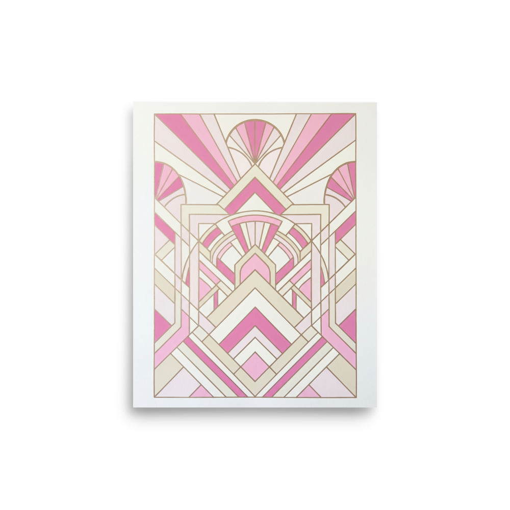 'Rose Deco Radiance' — a Art Deco print. A delicate Art Deco geometric design featuring symmetrical patterns and sunbursts in soft pink and creamy white tones, ideal for a serene bedroom.