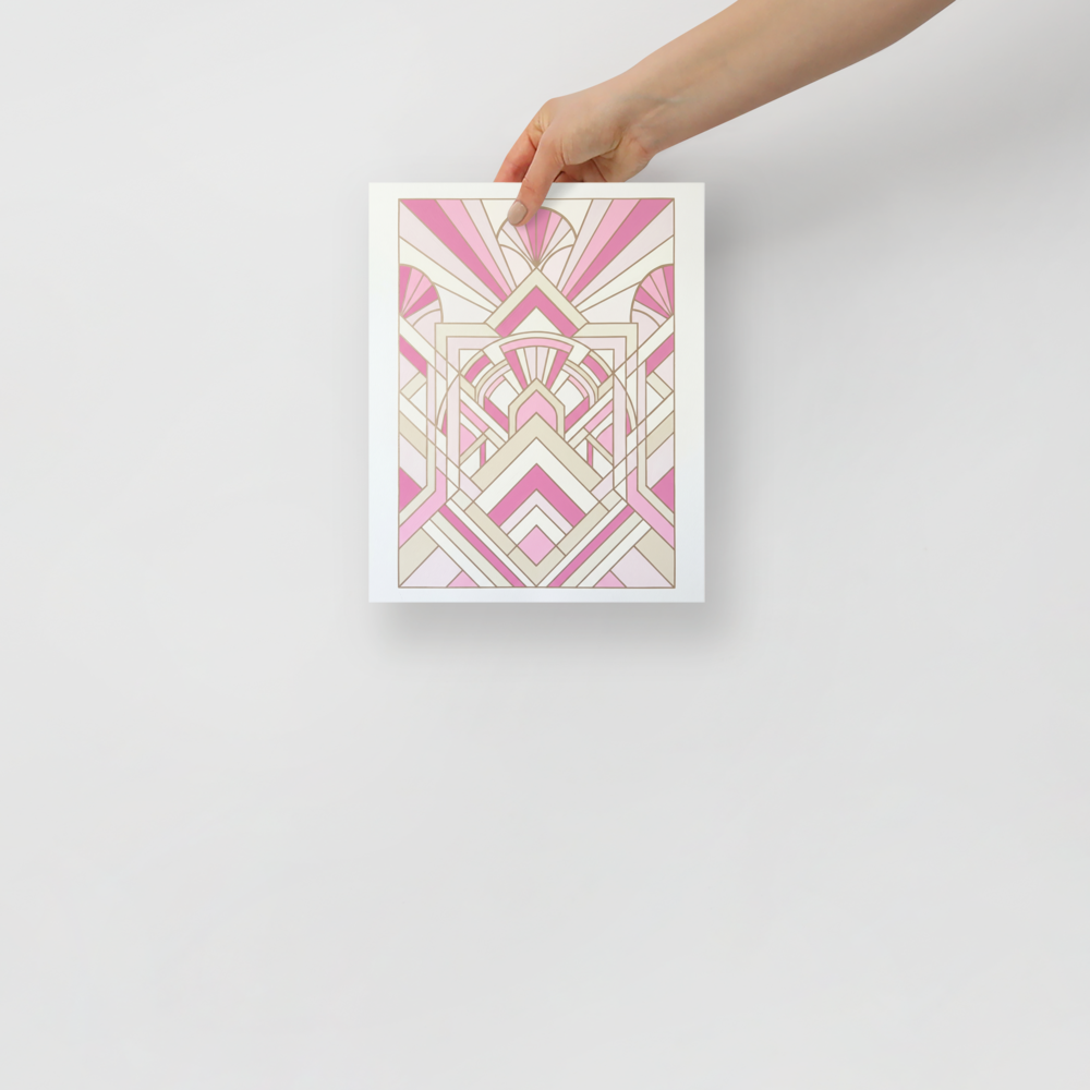'Rose Deco Radiance' — a Art Deco print. A delicate Art Deco geometric design featuring symmetrical patterns and sunbursts in soft pink and creamy white tones, ideal for a serene bedroom.