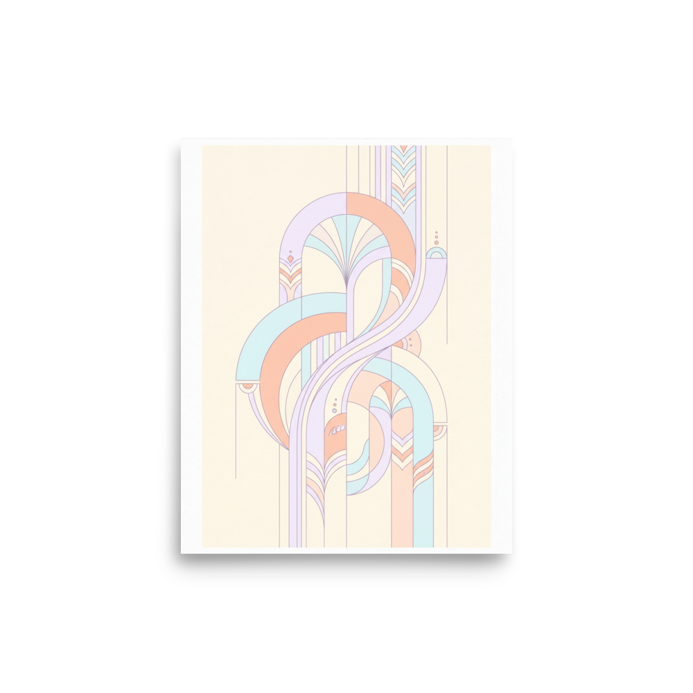 'Pastel Deco Flow' — a Art Deco print. An abstract Art Deco design featuring fluid geometric curves and fountain-like shapes in soft lavender, peach, and light blue pastels.