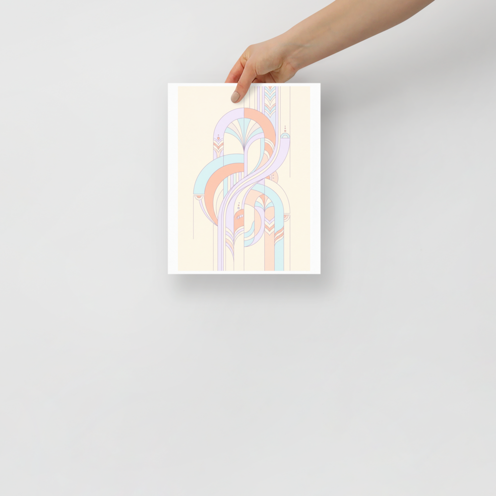 'Pastel Deco Flow' — a Art Deco print. An abstract Art Deco design featuring fluid geometric curves and fountain-like shapes in soft lavender, peach, and light blue pastels.