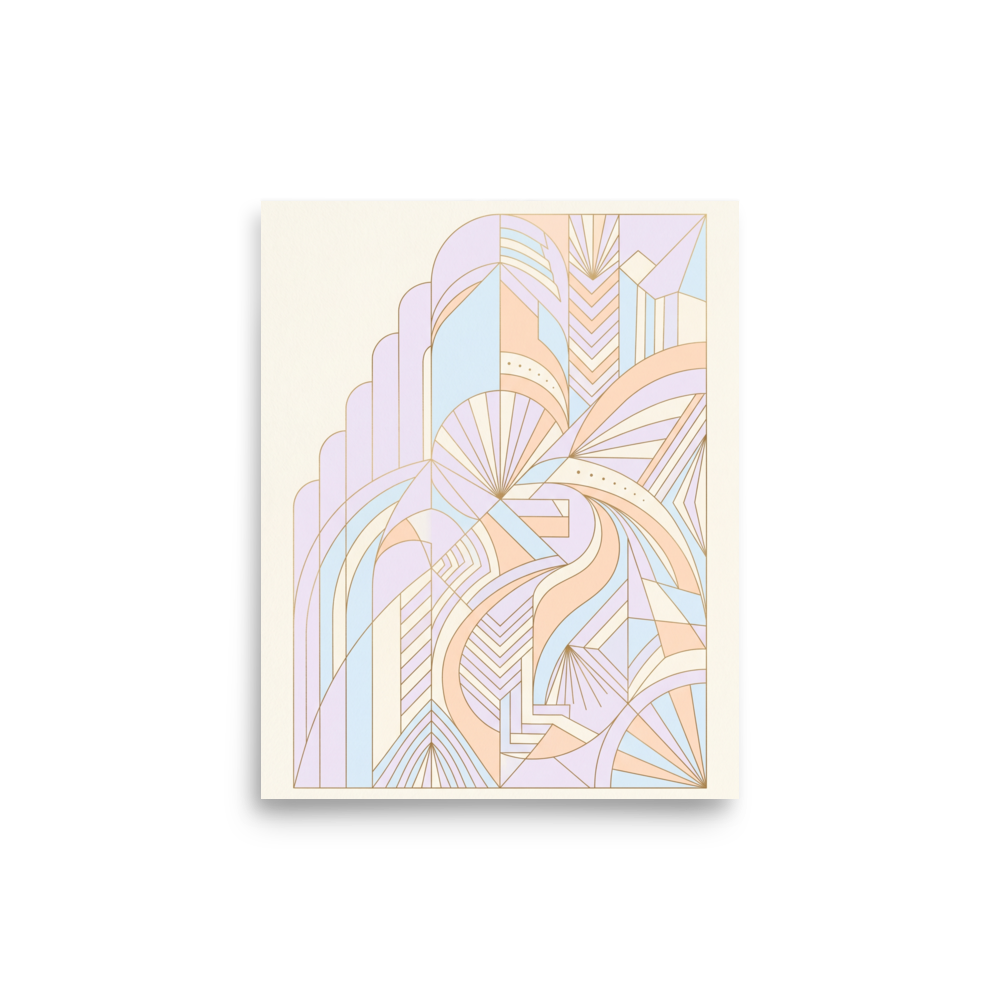 'Deco Pastel Architecture' — a Art Deco print. An intricate, asymmetrical Art Deco illustration with overlapping stepped arches and sunbursts in pastel lavender, peach, and light blue.