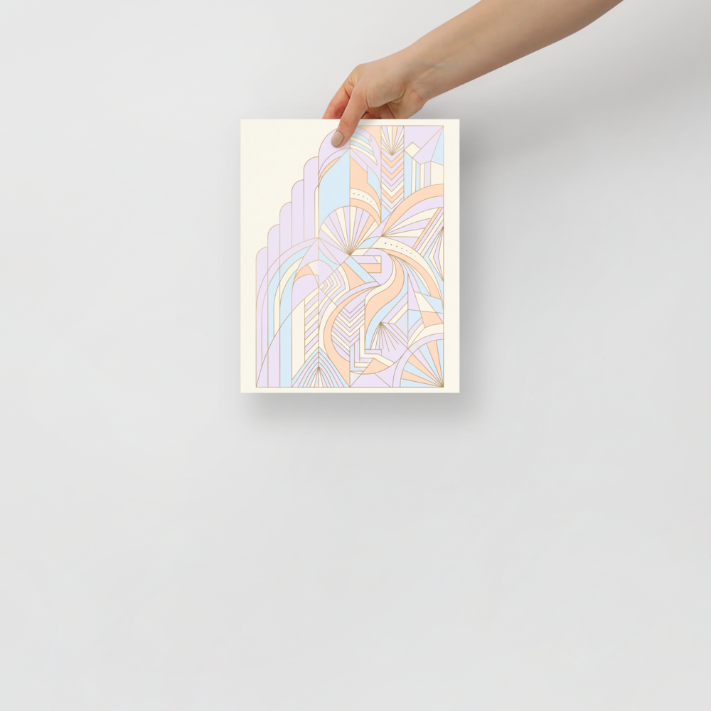 'Deco Pastel Architecture' — a Art Deco print. An intricate, asymmetrical Art Deco illustration with overlapping stepped arches and sunbursts in pastel lavender, peach, and light blue.
