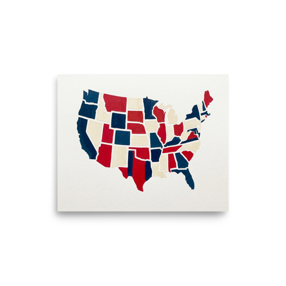 'The Patchwork States' — a Abstract art,Pop art print. An abstract, textured painting of the United States map in red, white, and blue, perfect for an office.