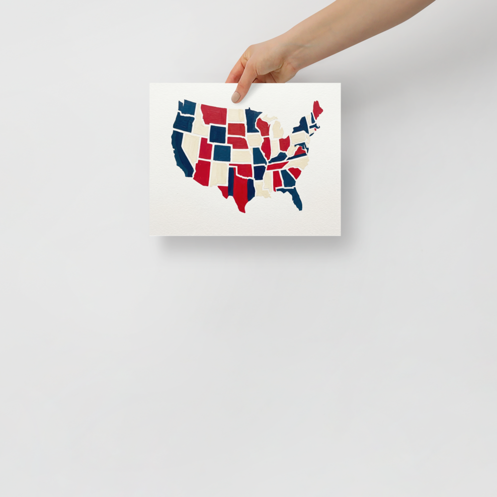 'The Patchwork States' — a Abstract art,Pop art print. An abstract, textured painting of the United States map in red, white, and blue, perfect for an office.