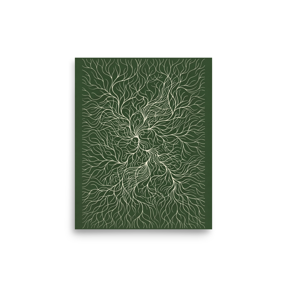 'Emerald Roots' — a Abstract art,Minimalism print. An abstract biophilic illustration of intricate white roots spreading across a dark green background, perfect for a bedroom.