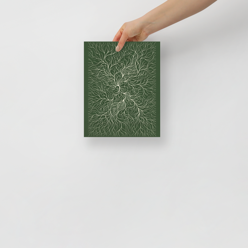 'Emerald Roots' — a Abstract art,Minimalism print. An abstract biophilic illustration of intricate white roots spreading across a dark green background, perfect for a bedroom.