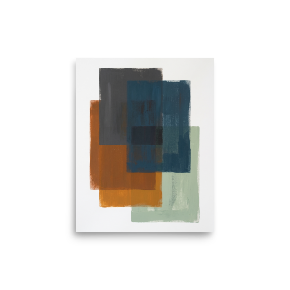 'Overlapping Horizons' — a Minimalism,Color Field print. A minimalist abstract painting of overlapping rectangular blocks in rust orange, dark gray, deep blue, and pale green, perfect for an office.