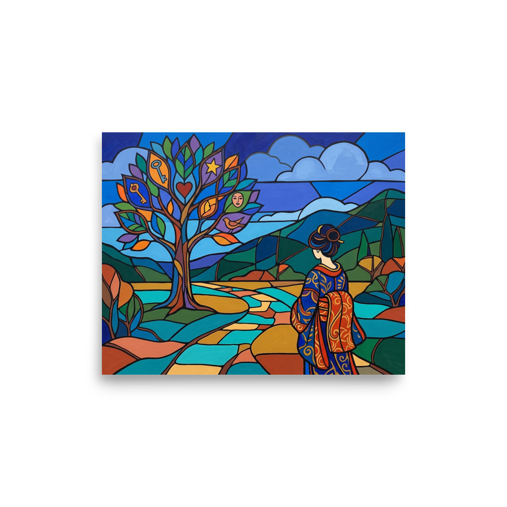 'Kimono in the Valley' — a Cloisonnism,Post-Impressionism print. A colorful Cloisonnism style painting of a woman in a kimono looking at a magical tree with symbols in a stained glass landscape, ideal for a bedroom.