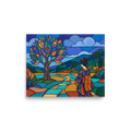 'Kimono in the Valley' — a Cloisonnism,Post-Impressionism print. A colorful Cloisonnism style painting of a woman in a kimono looking at a magical tree with symbols in a stained glass landscape, ideal for a bedroom.