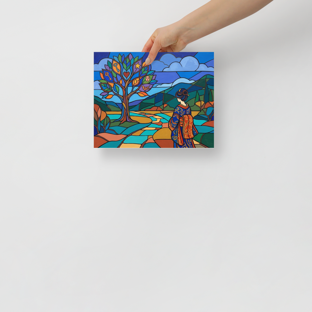 'Kimono in the Valley' — a Cloisonnism,Post-Impressionism print. A colorful Cloisonnism style painting of a woman in a kimono looking at a magical tree with symbols in a stained glass landscape, ideal for a bedroom.