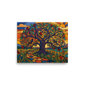 'The Tree of Life' — a Cloisonnism,Pop art print. A colorful cloisonnism illustration of a large tree with swirling branches, colorful leaves, two birds, and a colorful stone path leading towards a bright sunset.