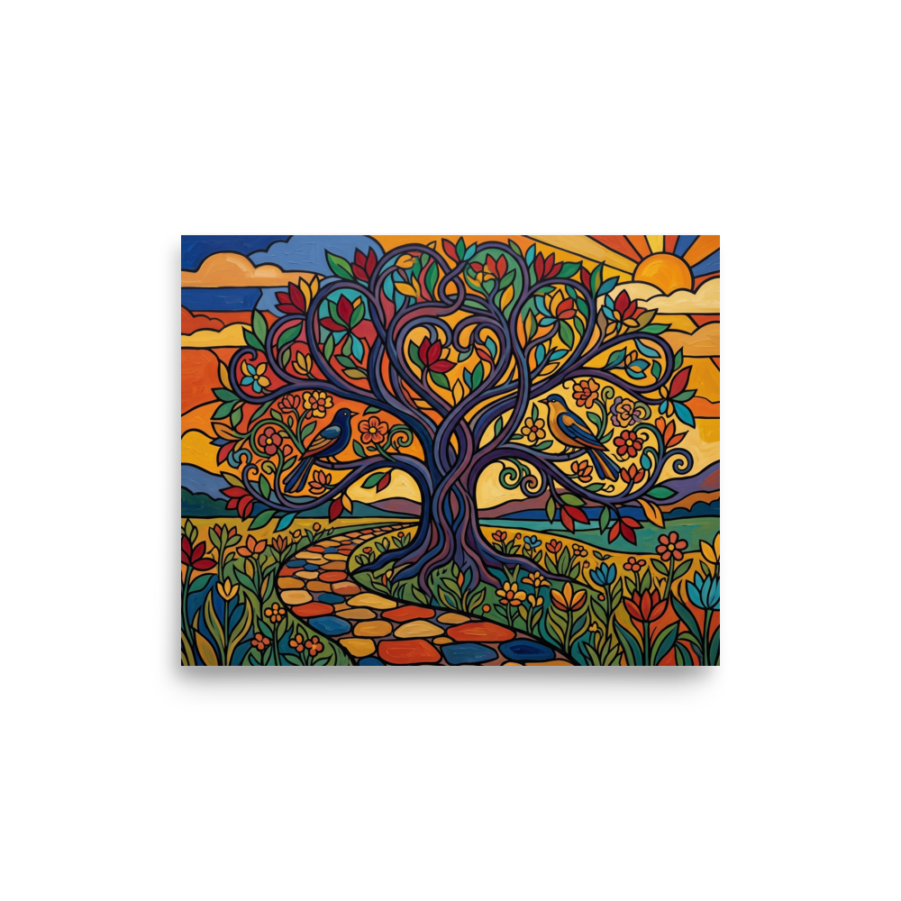 'The Tree of Life' — a Cloisonnism,Pop art print. A colorful cloisonnism illustration of a large tree with swirling branches, colorful leaves, two birds, and a colorful stone path leading towards a bright sunset.