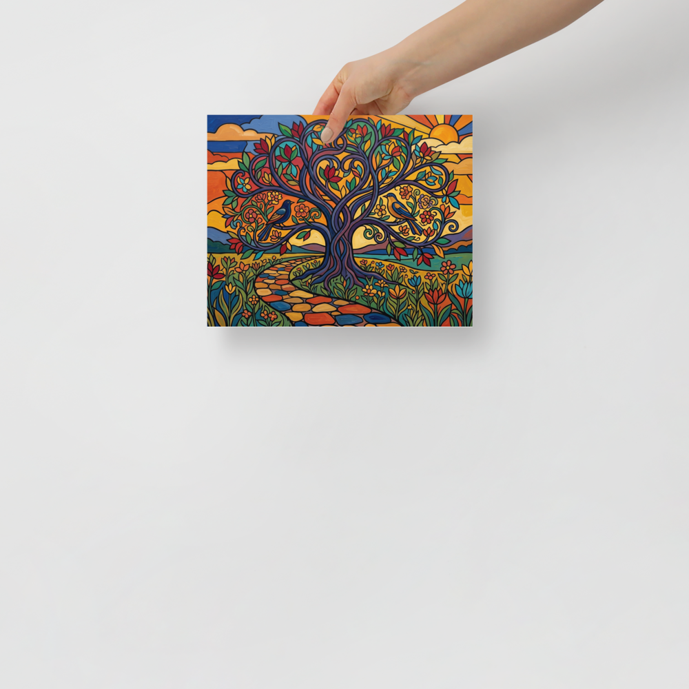 'The Tree of Life' — a Cloisonnism,Pop art print. A colorful cloisonnism illustration of a large tree with swirling branches, colorful leaves, two birds, and a colorful stone path leading towards a bright sunset.