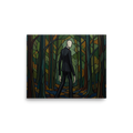 'The Faceless Figure' — a Cloisonnism,Pop art print. A Cloisonnism style painting of a tall faceless man in a suit standing in a dark forest, reminiscent of Slender Man.